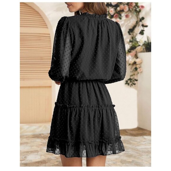 ✌️ 2/$40 ✌New Long Sleeve High Waist Black Dot Swing Dress with Ruffles sz Large - Picture 7 of 8